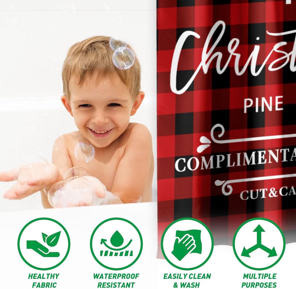 Merry Christmas Shower Curtain With Winter Farmhouse Pattern, Cute Waterproof Bathroom Decor For Xmas Home Celebration