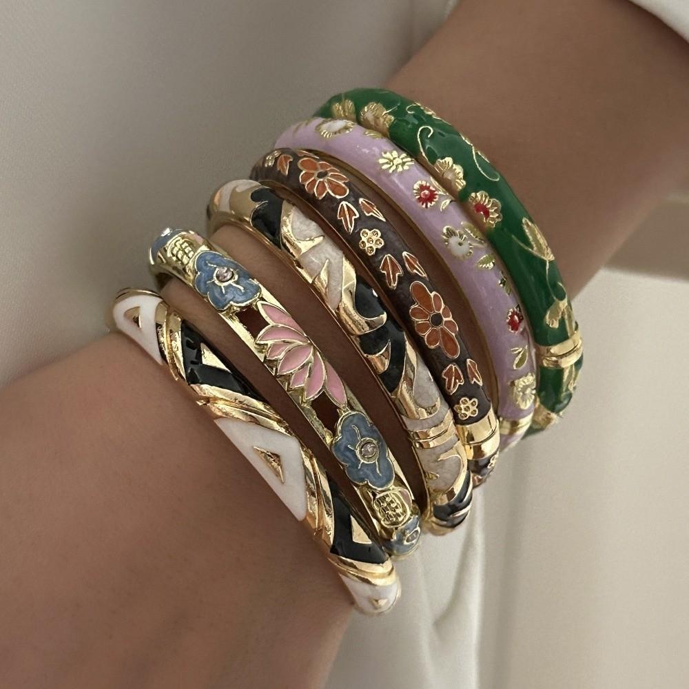 Zircon Floral Bangle Ethnic Style Cloisonne Bangle Retro Enamel Flower Bracelet Jewelry