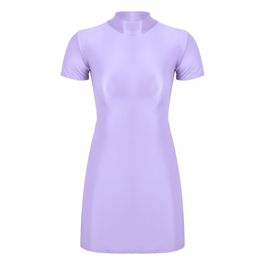 Womens Glossy Mock Neck Bodycon Dress Short Sleeve Stretchy Fabric Nightclub Party Mini Dress