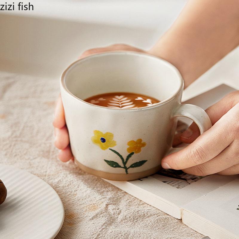 Retro Ceramic Mug Hand Painted Flower Pattern Coffee Mug Household Water Cup Tea Cup Office Milk Tea Cups Beverage Cups