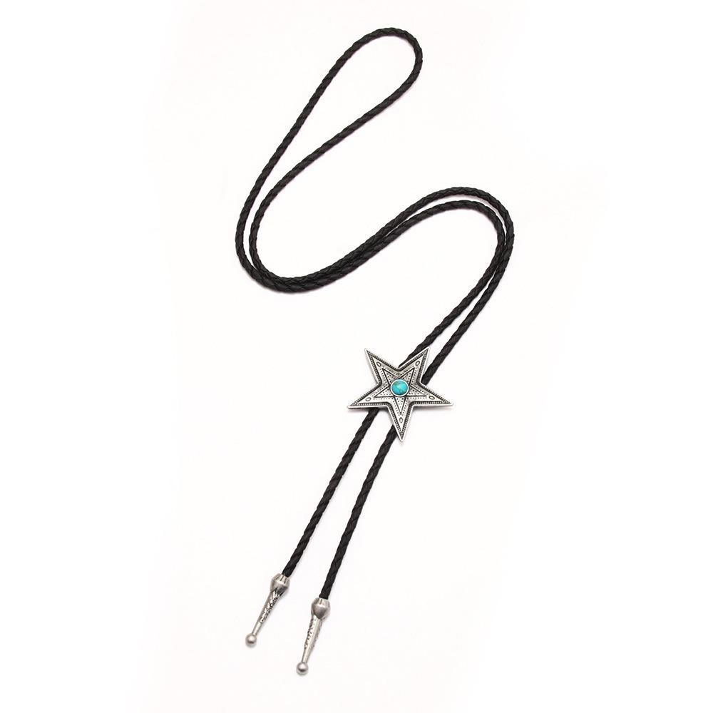 Boho Five-pointed Star Bolo Tie PU Woven Bronze Butterfly Choker Turquoise Feather Necklace  Men