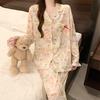 Wind cartoon girl spring and autumn pajamas cute lace imitation cotton long-sleeved comfortable loungewear suit