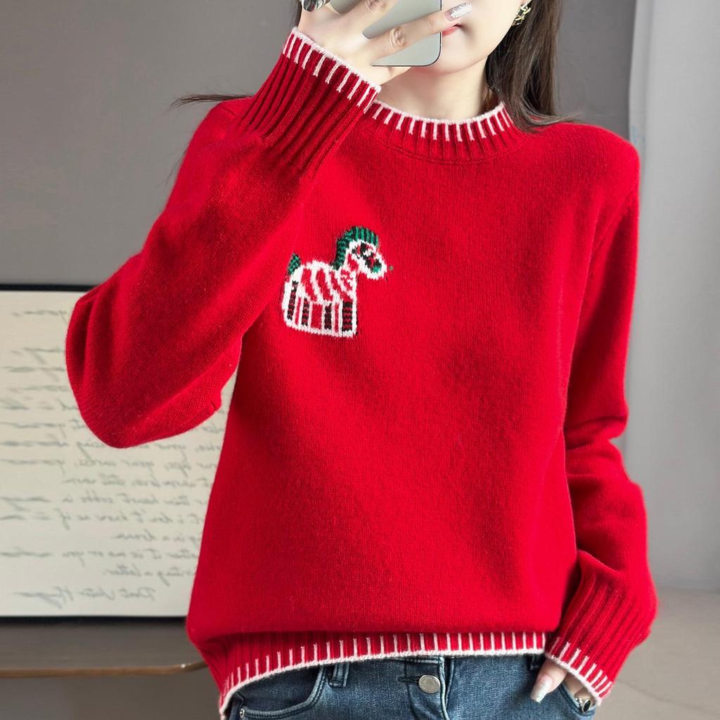Women's Loose Color Block Round Neck Wool Sweater - Autumn/Winter Thick Knitted Layer