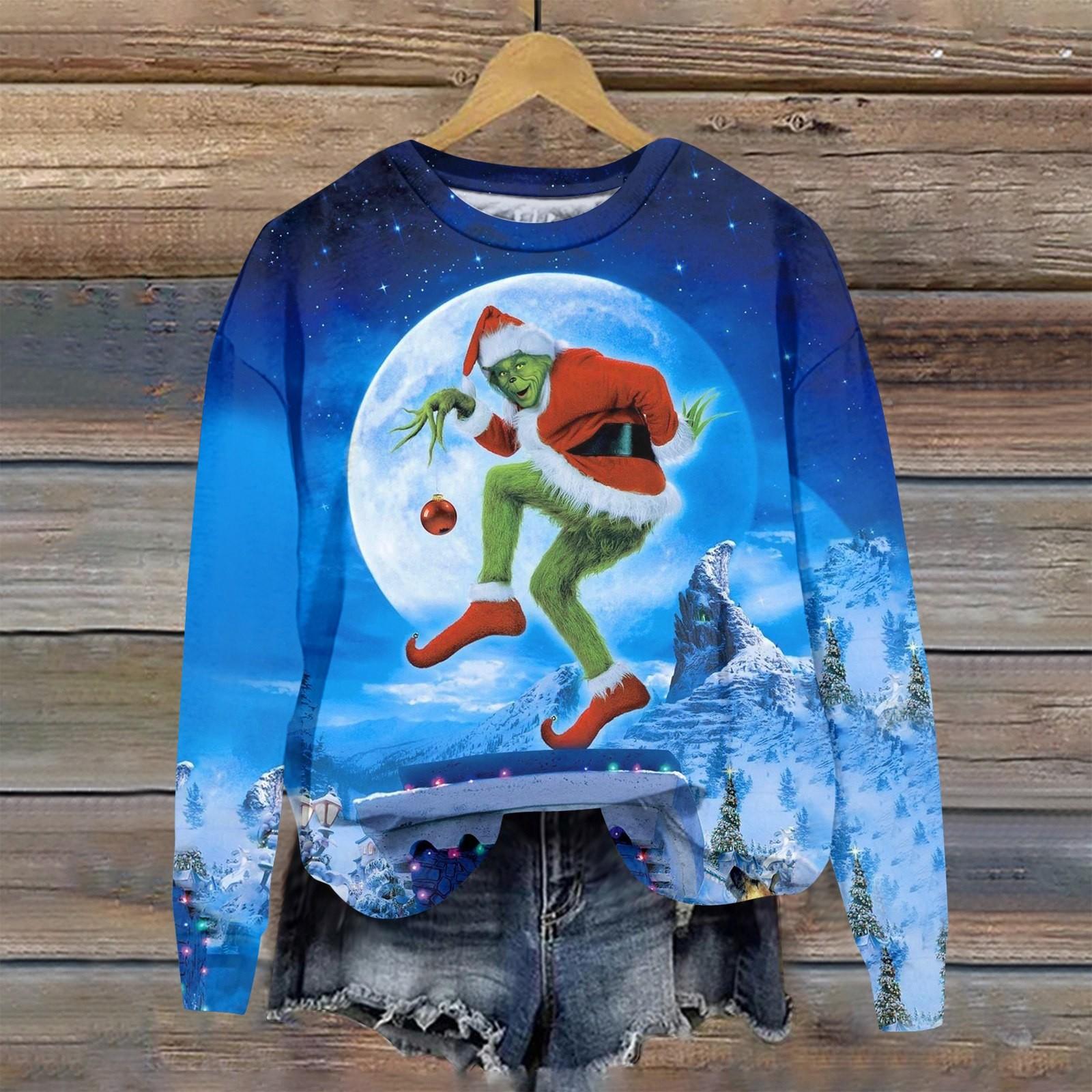 

Женская модная рождественская принтованная толстовка с длинным рукавом и круглым вырезом S синий