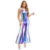 Womens Disco Jumpsuit 70s 80s Style Lapel V Neck Sleeveless Metallic Shiny Flared Pants Romper