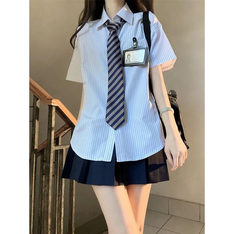 Women's Japanese JK Uniform Style Striped Short Sleeve Blouse - Versatile & Chic Summer Top