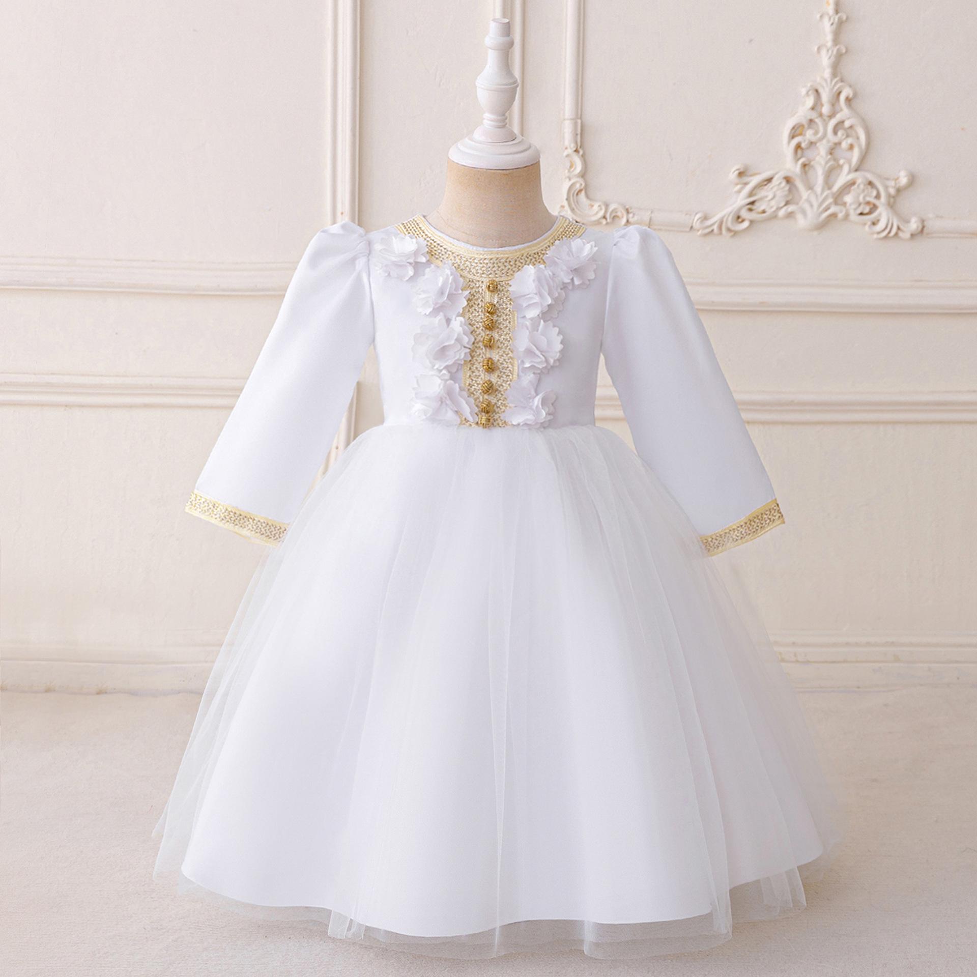 

Белое платье-халат в ближневосточном стиле с длинным рукавом, 3D цветами и плетеным поясом для девочек одного года 90cm/12-18 Months