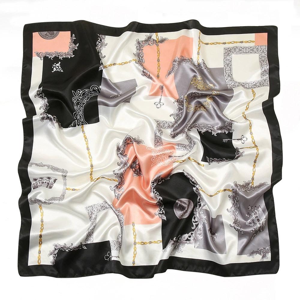 Women Imitation Silk Scarf Luxury Printed Hijab Silk Satin Shawl Foulard Square Head Scarves Wraps For Ladies 90x90CM