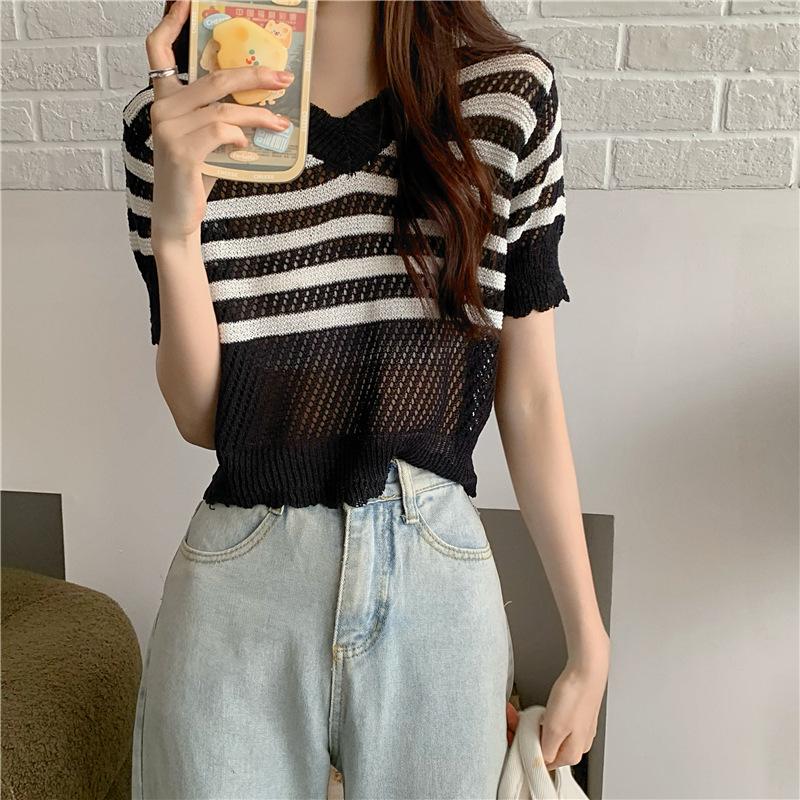 

Летний трикотажный свитер с короткими рукавами в полоску, свободный, с воротником-баской, трикотажные топы, повседневные, удобные и стильные, облегающие свитера, футболки One Size чёрный