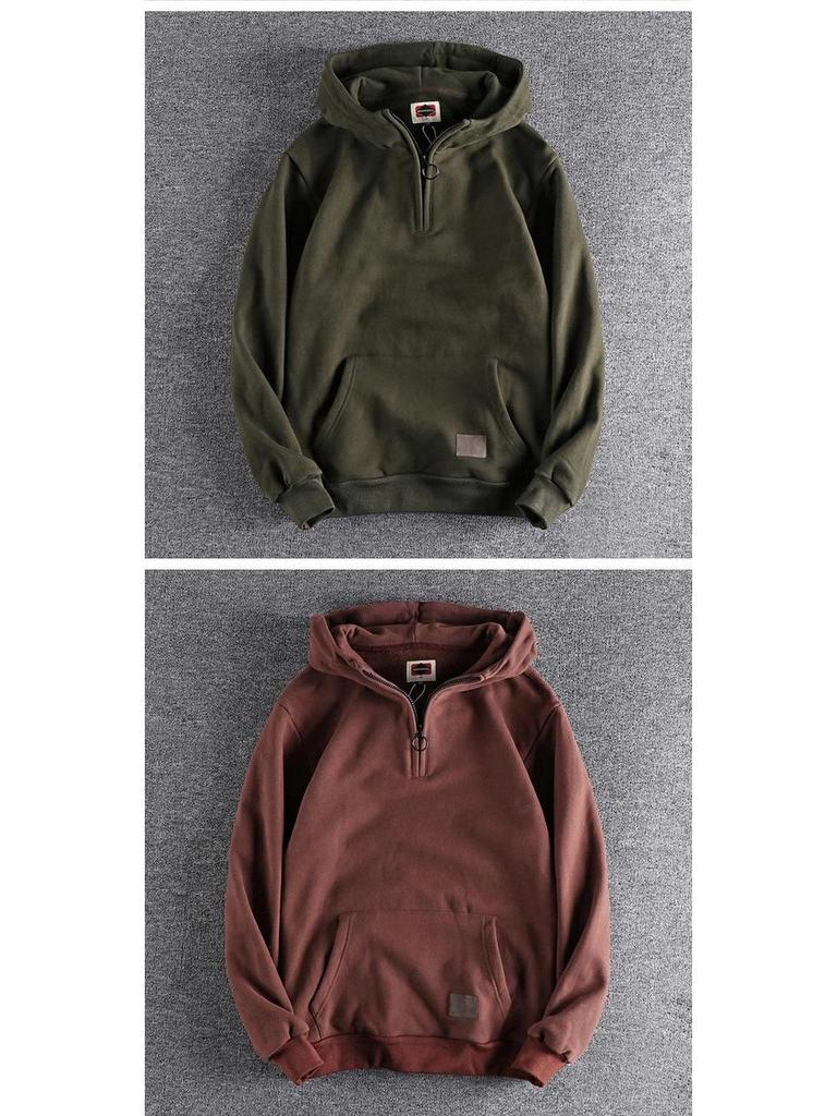 500g Heavyweight Half-Zip Men's Hooded Sweatshirt - Vintage Japanese-Style Trendy Youth Top