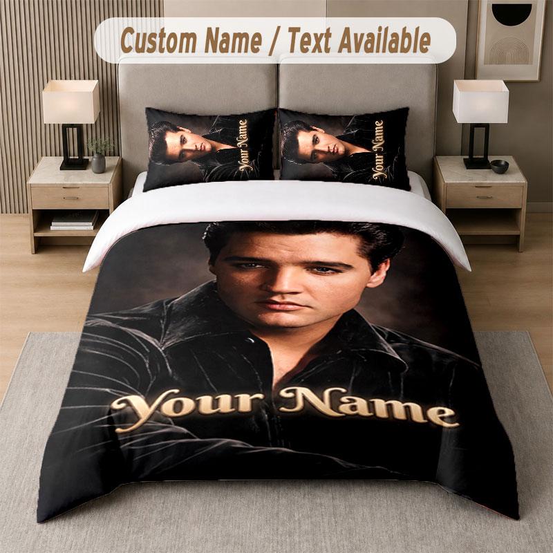 Set Biancheria da Letto Personalizzato Modello Elvis Presley, Stampa Nome Testo 1 Copripiumino più 2 Federe Tessile per la Casa