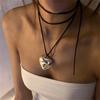 Black Velvet Large Heart Pendant Necklace For Women Elegant Braided Knot Bow Adjustable Chain Minimalist Versatile Daily Party Travel Wear Jewelry