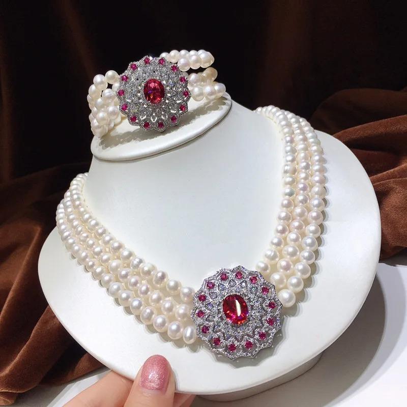 

1 комплект, 3 ряда, пресноводный жемчуг, белый, почти круглый, 7-8 мм, ожерелье, браслет, красный/зеленый кулон с цирконом