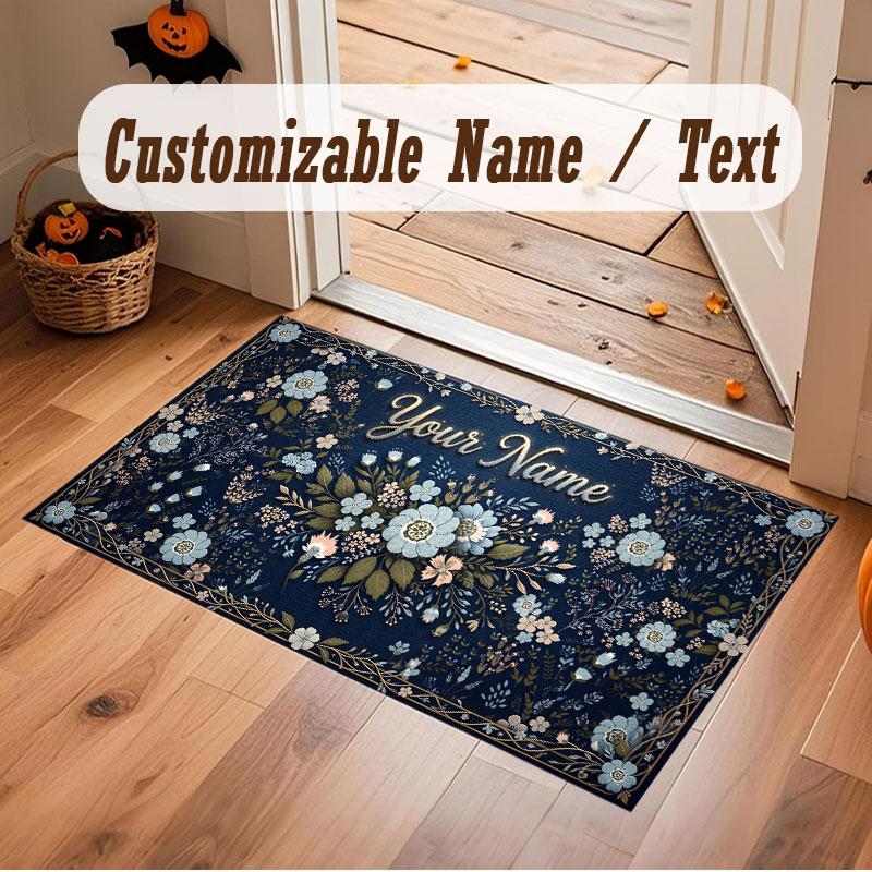 Floral Garden Theme Crystal Velvet Floor Rug Personalized Custom Name Text Warm Carpet Home Decoration
