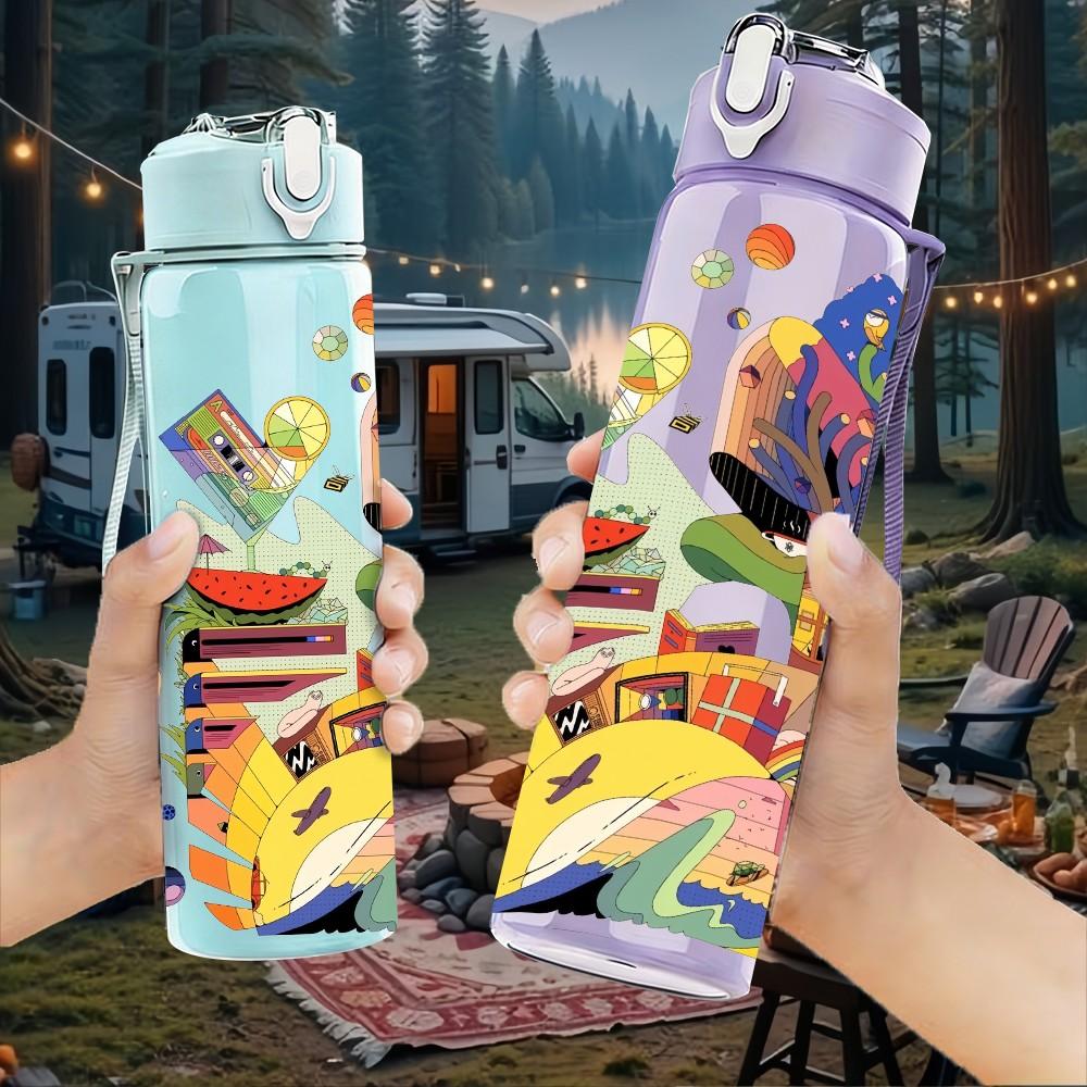 1PC Diamond Twist Abstract Graffiti Art 750ml Color Plastic Sports Water Bottle Leakproof Flip Straw Lid Suitable for Sports Office Home Use