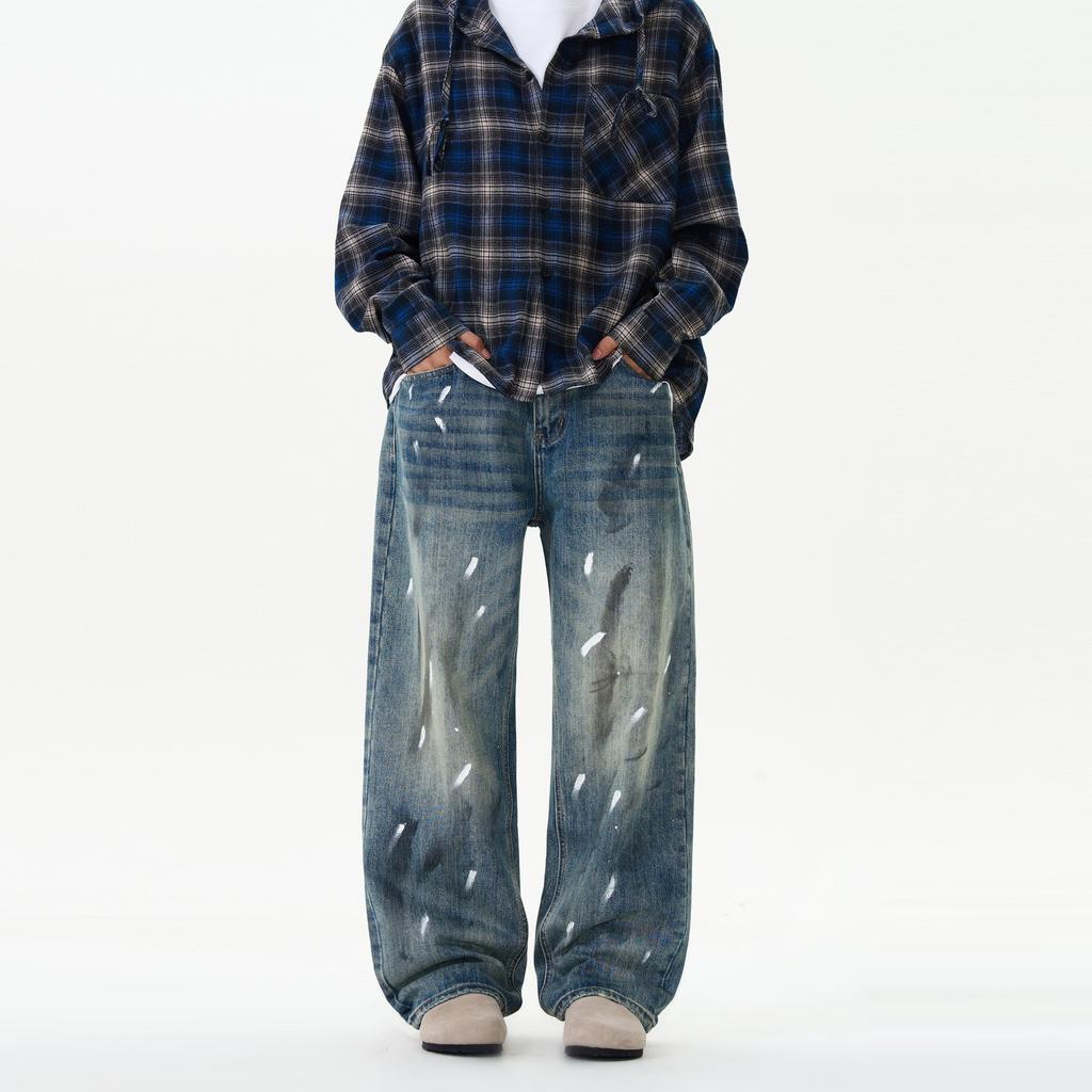 Street Hip-hop Ink Hand-painted Jeans Men's Loose Straight Wash Wide-leg Pants