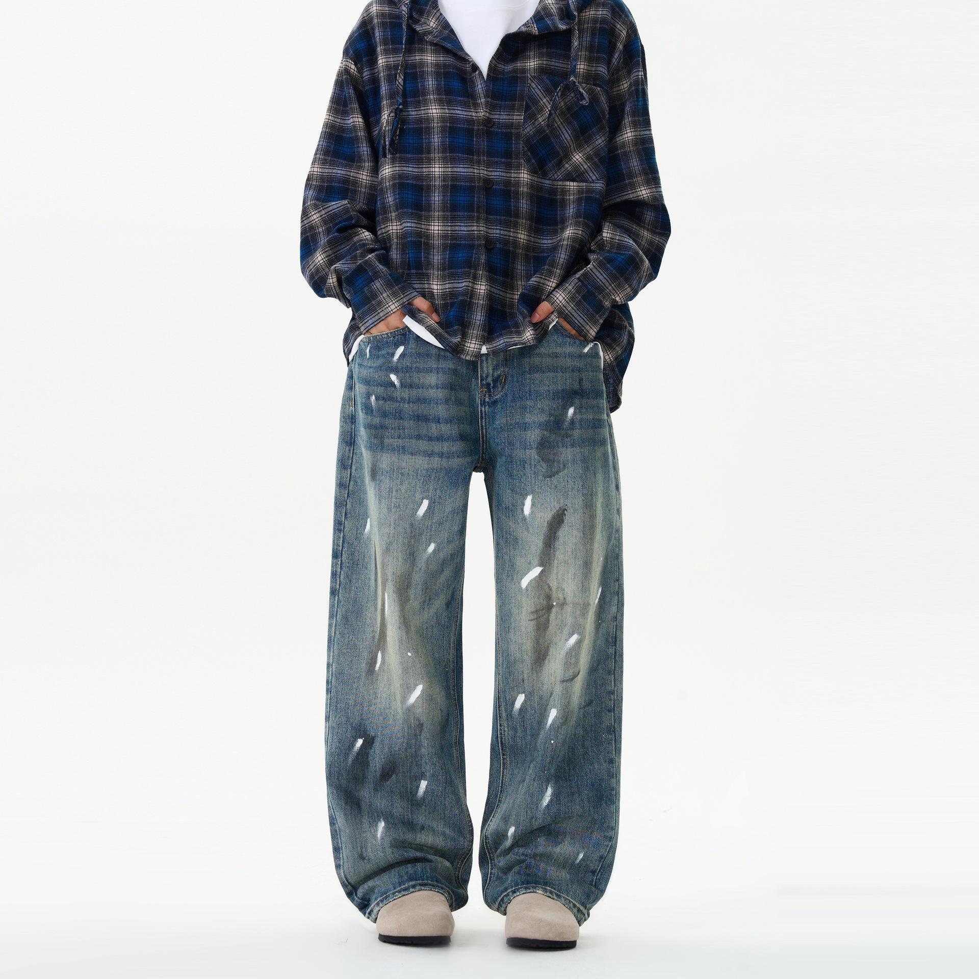 

Уличный хип-хоп Джинсы с ручной росписью чернилами Мужские Свободные Прямые Вареные Брюки с широкими штанинами 38 синий