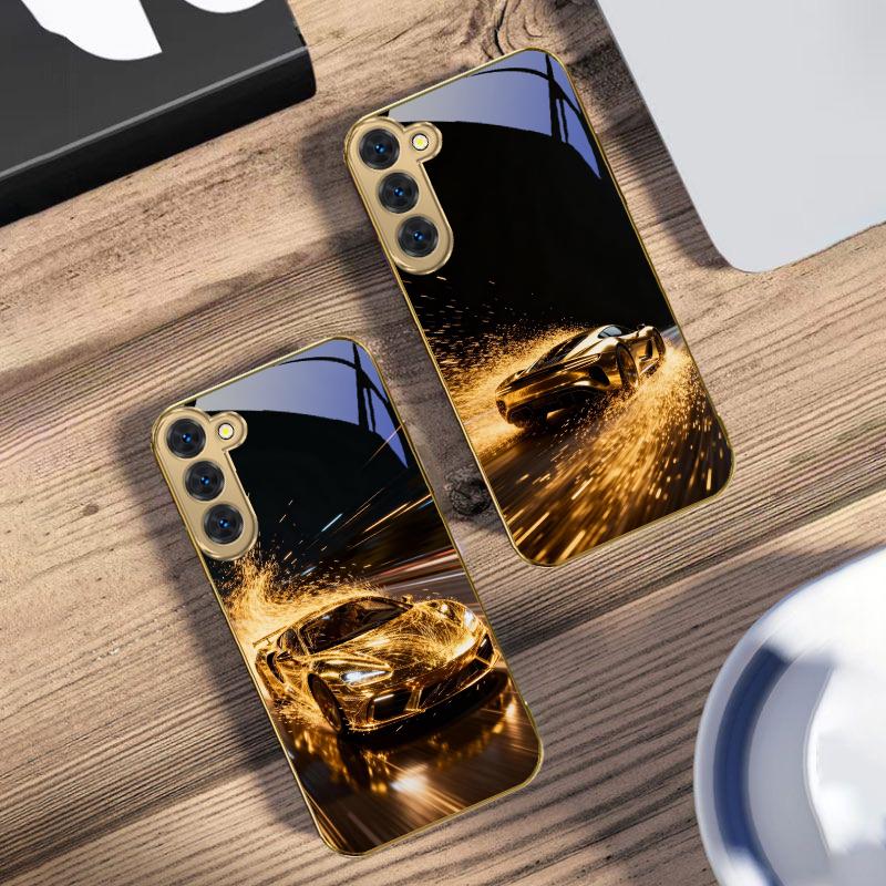 Flying Golden Supercar For Samsung Galaxy S20 FE S21 S22 S23 Plus S24 Ultra 25Ultra S21+ S9+ S22Plus Golden Glass Phone Case