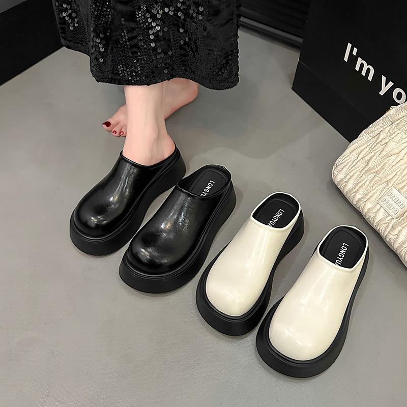 Korean version of solid color baotou half drag women 2025 spring muffin thick-soled Muller shoes small height-increasing cool slippers