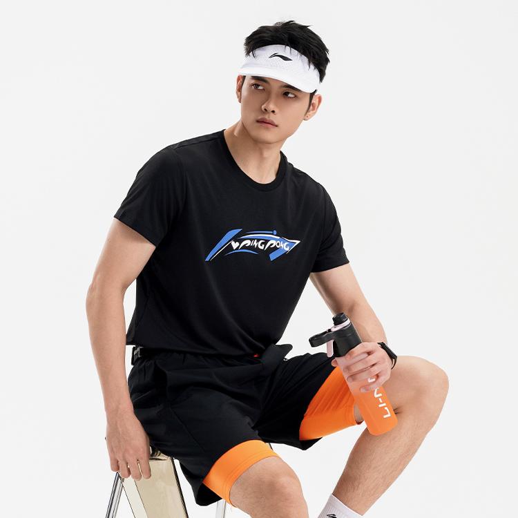 Li Ning Tischtennis Serie Lässig Bequemes Buchstaben-Print Sport Kurzarm T-Shirt Unisex Oberteile Schwarz AHSV611-1