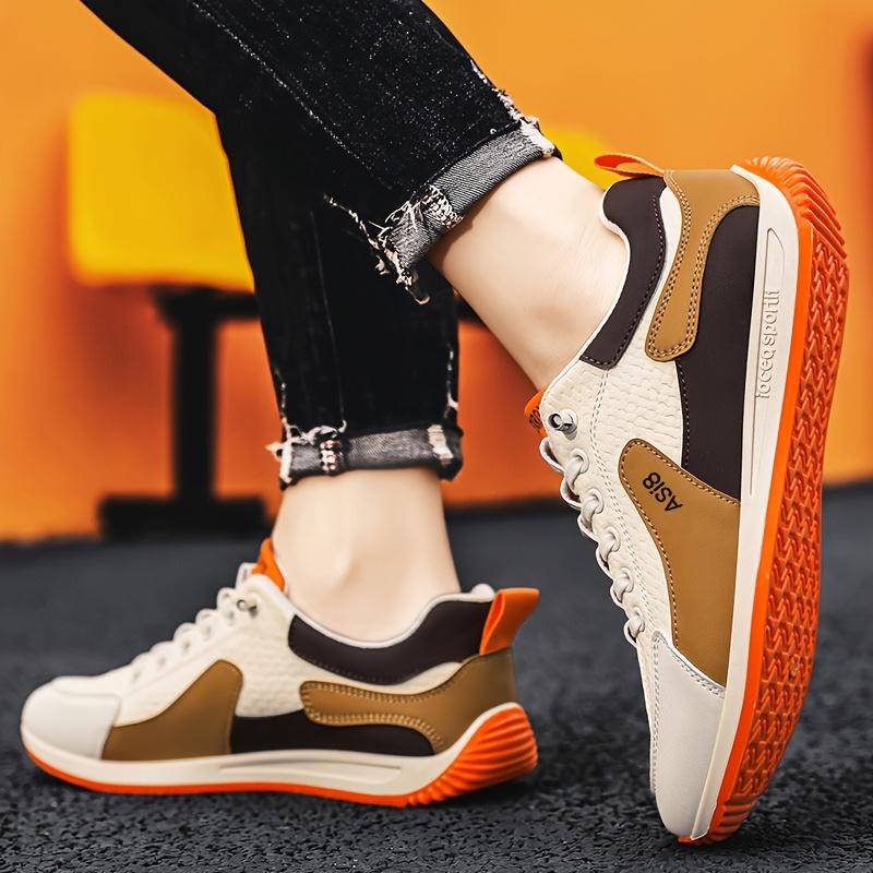 Men's Fashion Color Block Sneakers Casual Low-Top Lace-Up Shoes with Shock Absorption White/Brown/Orange Stripe Design, Ideal for All Seasons