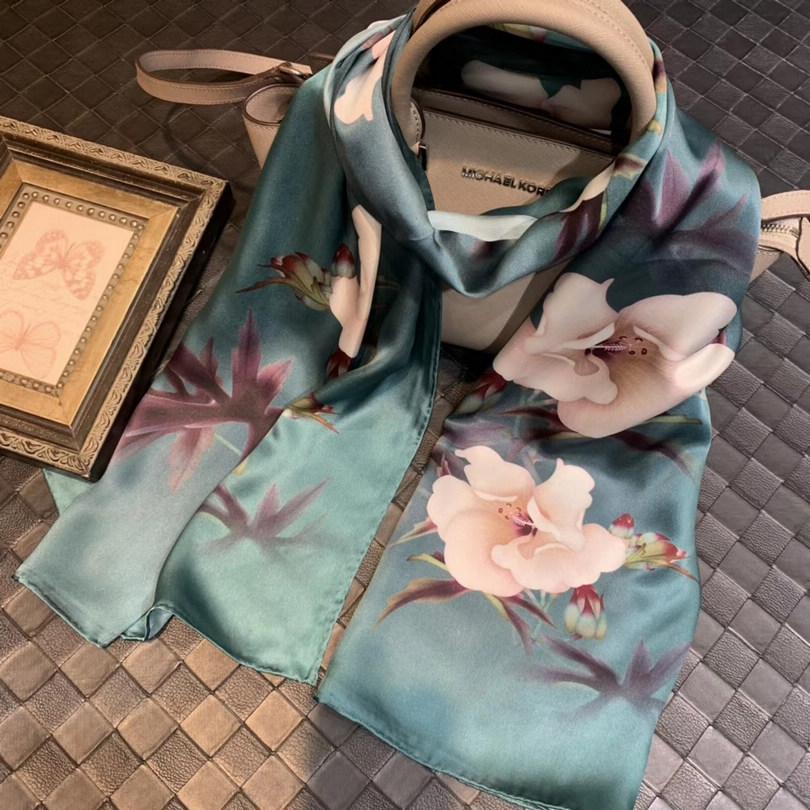 Chinese Style Ink Lotus Silk Scarf Shawl Women  New Design 100% Natural Silk Long Scarves Grey Pink Neck Scarves 175*53Cm