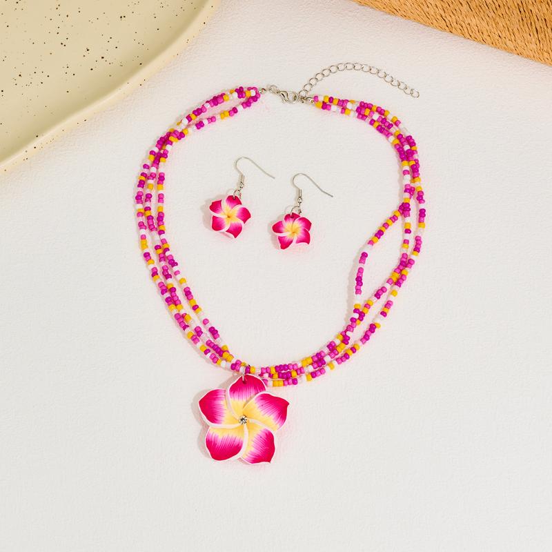 Polymer Clay Flowerwomen Jewelry Set Cute  Seaside Beach Colorful Flower Earrings Girls Sweet Beaded Chain Necklace Girl
