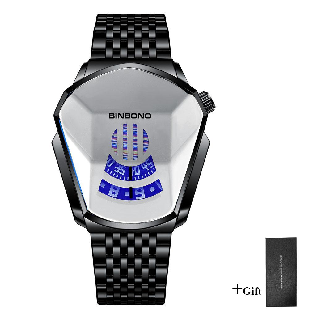 Men Watch Trendy Motorcycle Concept Wristwatch Black Technology Watch Steel Waterproof Male Fashion Quartz Watches Has Box