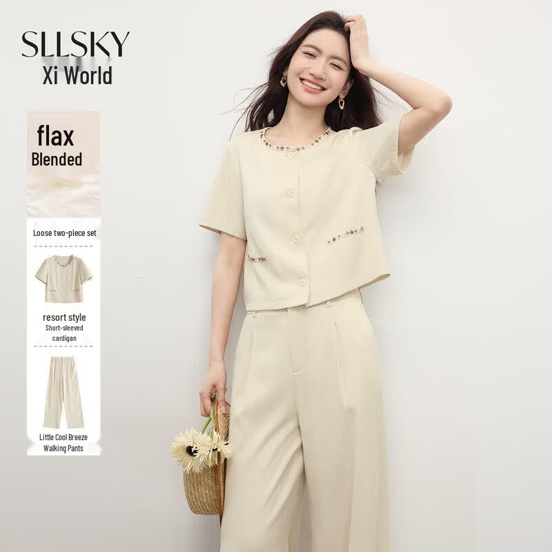 Women s Elegant Linen Blend Two-Piece Summer Outfit XL