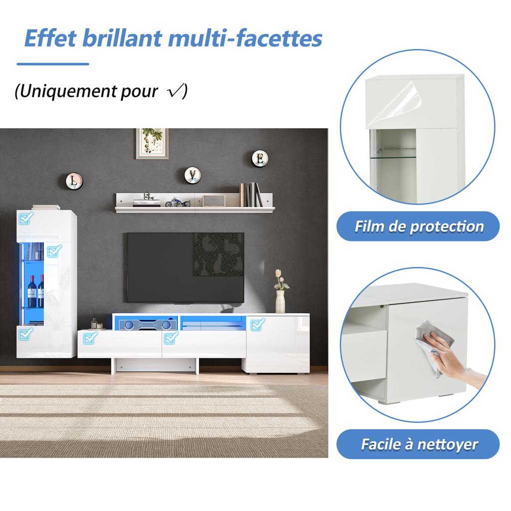 TV-Wandmöbel Set 3-teilig, Hochglanz, Moderner Schrank mit LED, Freistehend und Wandmontage, Acryltüren, Glasabtrennung, Weiß, TV bis 70'