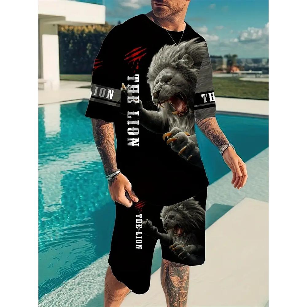 Summer Fashion Animal Print Suit Black and White Tiger 3D Pattern Outdoor Street Shooting Sportswear Men's Casual T Shirts 2 Piece Set