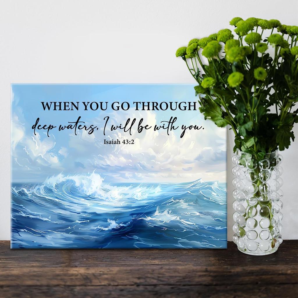 Christian Canvas Wall Art Decor When You Go Through Deep Waters Isaiah 43:2 Scripture Poster Print Picture Bible Ocean Artwork Framed for Home Decor,