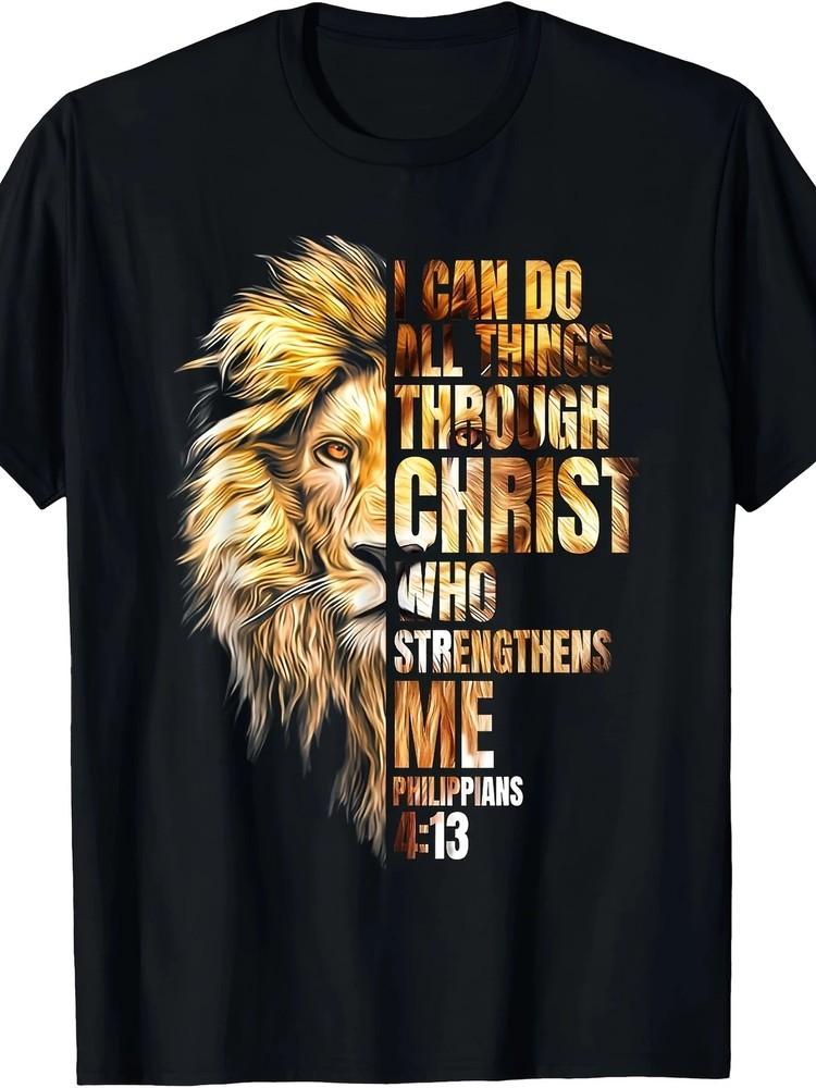 

Men S Inspirational Lion and Philippians 4:13 T-Shirt - Soft Cotton, Crew Neck L