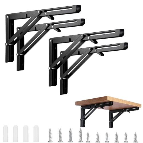 KOCOMART Folding Shelf Brackets, 30cm L-Shaped Brackets, 150kg Load Capacity, Set of 4 (Black)