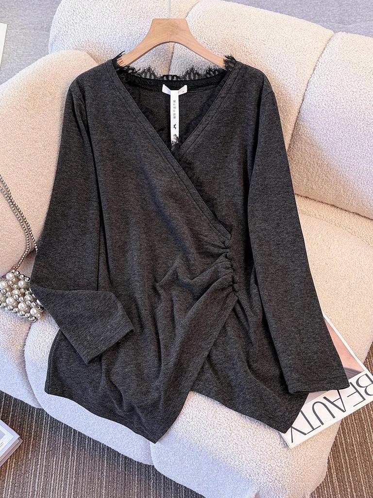 Plus Size Women's Winter Lace Patchwork V-neck Pleated Base Shirt (130-350 jin)