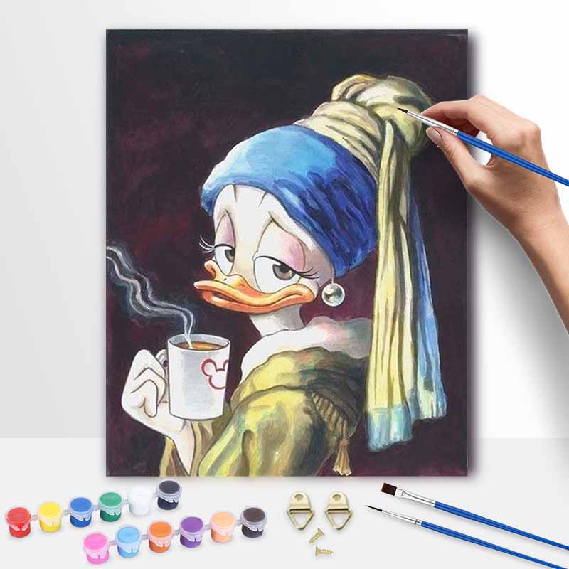 disney daisy duck girl with a pearl earring coffee digital oil painting hand painting kit diy home decoration 20x30cm