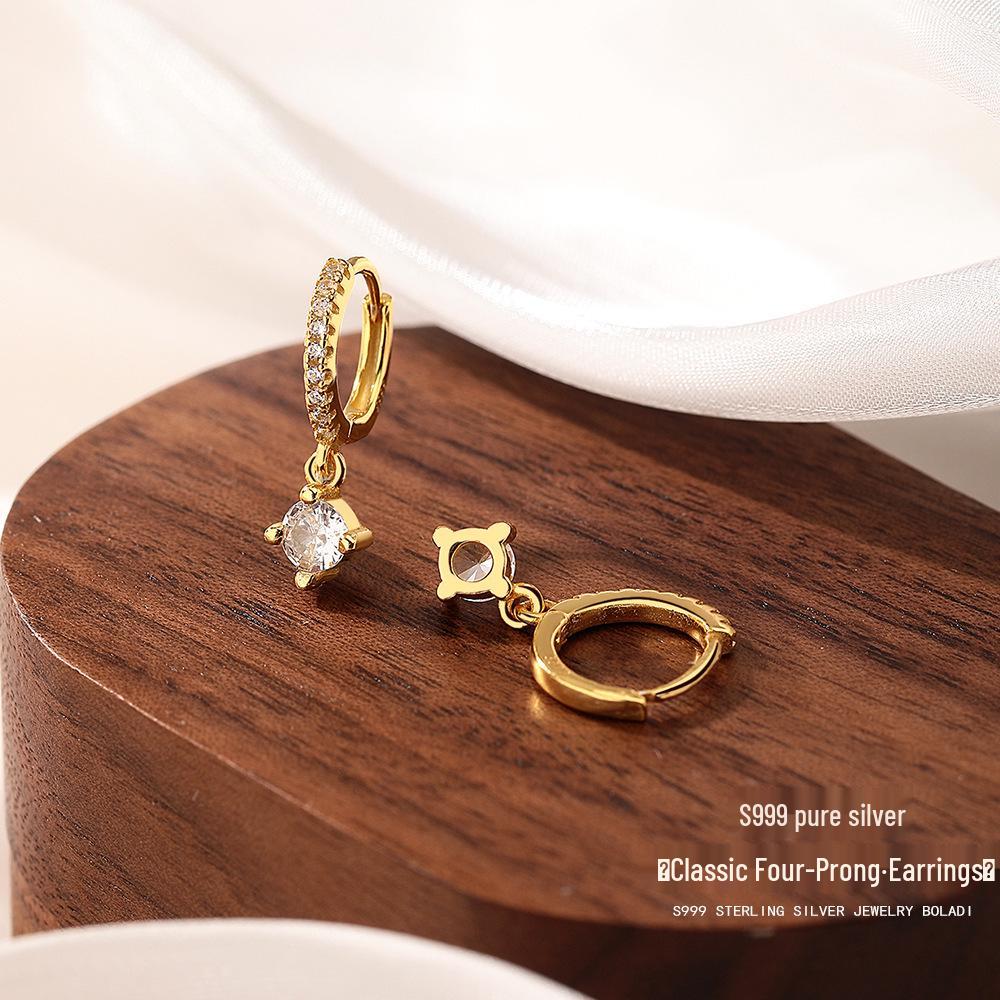 

Женские серьги-подвески из чистого серебра 999 пробы с цирконами на четырех зубцах - Высококлассная роскошь и универсальный модный аксессуар Pure Silver золотой