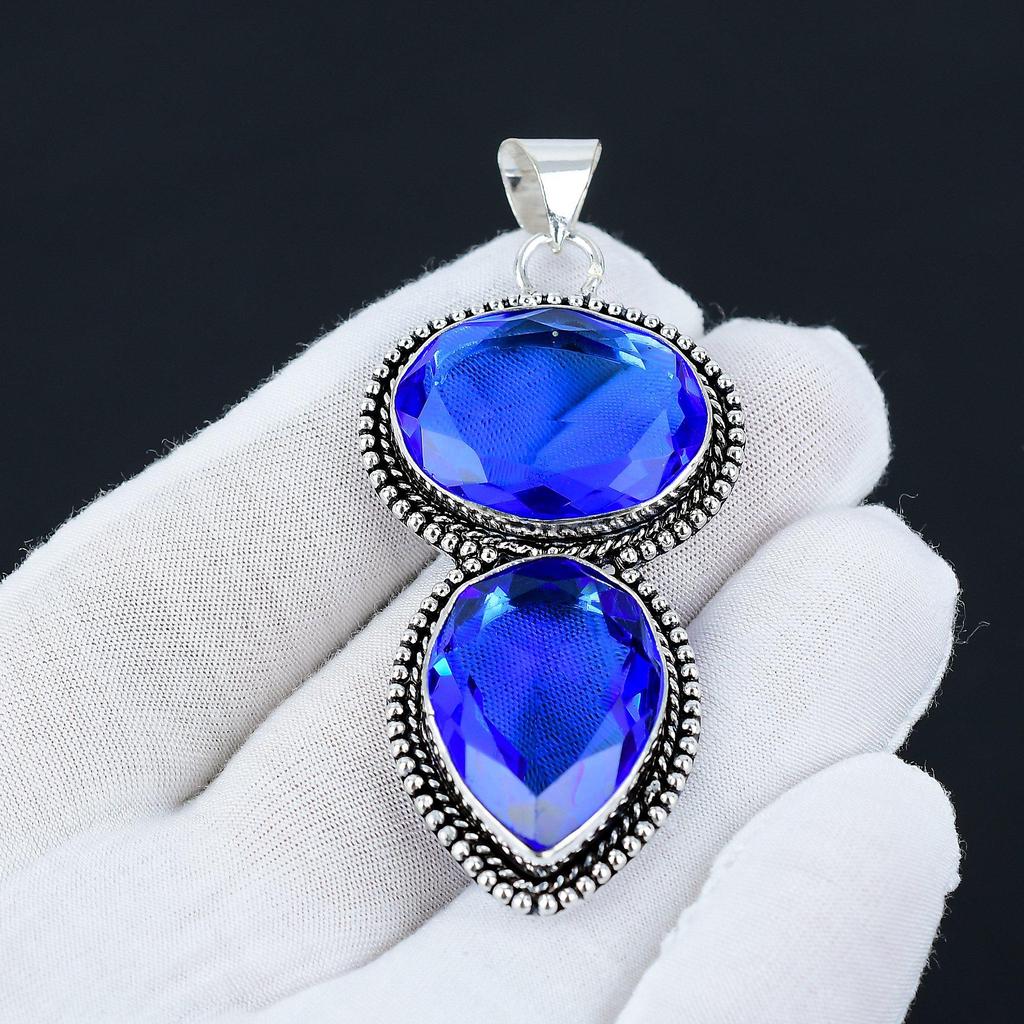 London Blue Topaz Gemstone Handmade 925 Sterling Silver Jewelry Pendant, Blue Handcrafted Jewelry Pendant Necklace, Thanks Giving Jewelry