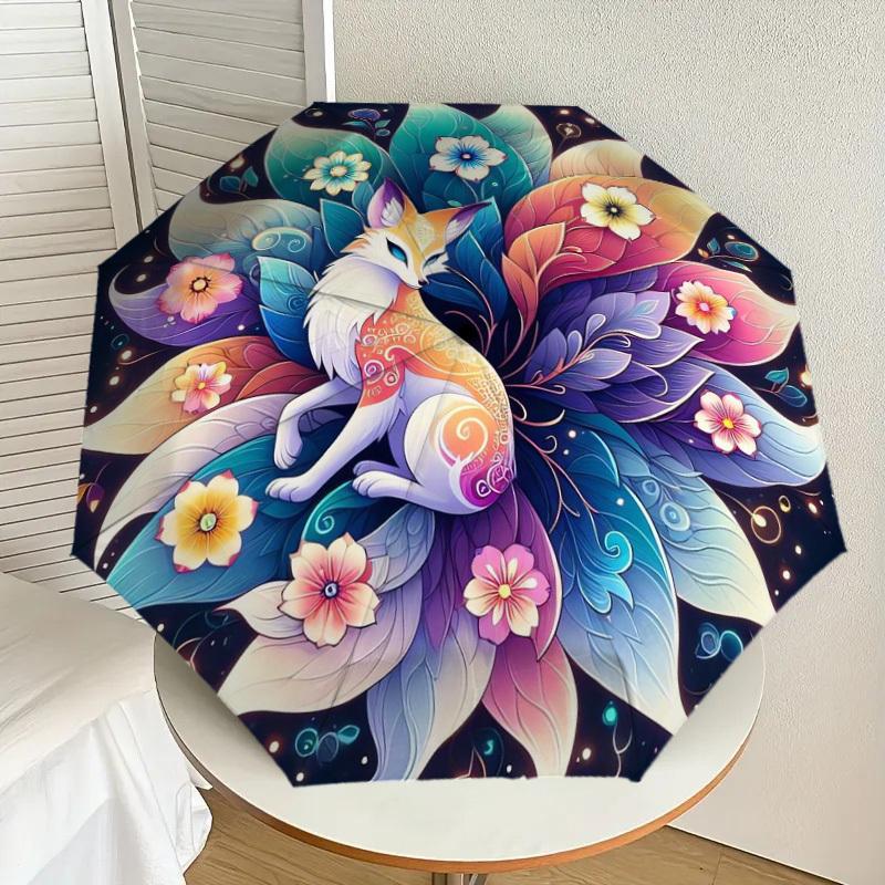 

1pc Fantasy Fox Mandala Umbrella with Plastic Handle,Suitable for All Seasons Home Travel Outdoor UmbrellaDD011