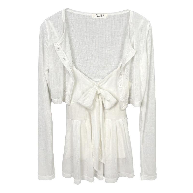 Ensemble deux pièces pour femme Dongdaemun Coréen - Haut à bretelles nœud & Cardigan - Amincissant, Sexy, Désir Pur