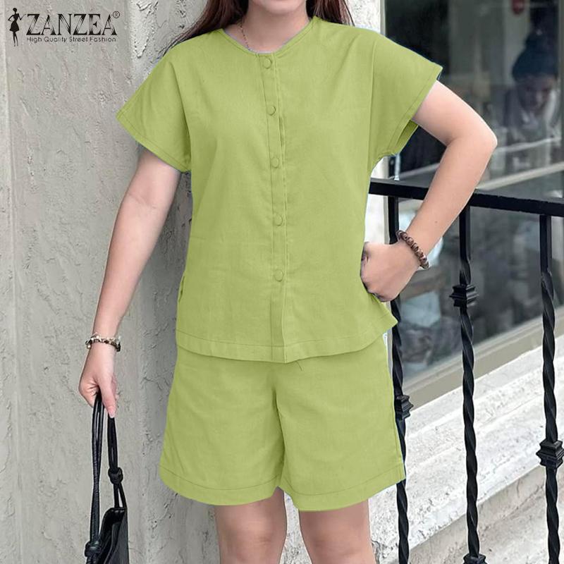 ZANZEA Women Short Sleeve Blouse and Shorts Summer Two Piece Suit Sets