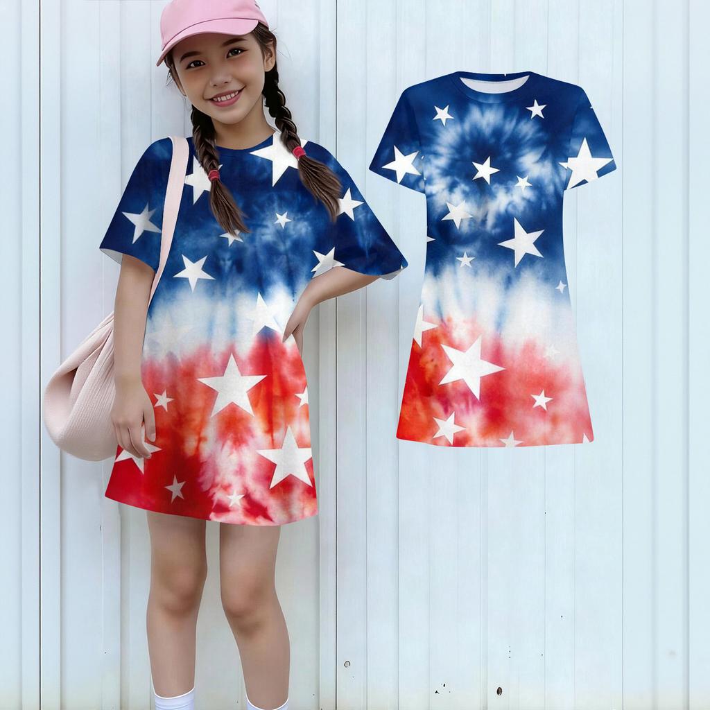 Girls Independence Day Print Casual Dress Kids Loose Round Neck Short Sleeve Thin Sundress