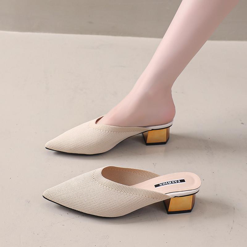 Square Heel Slippers Women Summer Low Pointed Toe Luxury Slides Sliders Shoes Heeled