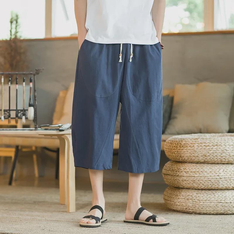 Men's Cropped Chinese Style Linen Shorts - Summer Wide-Leg 7-Point Casual Trousers