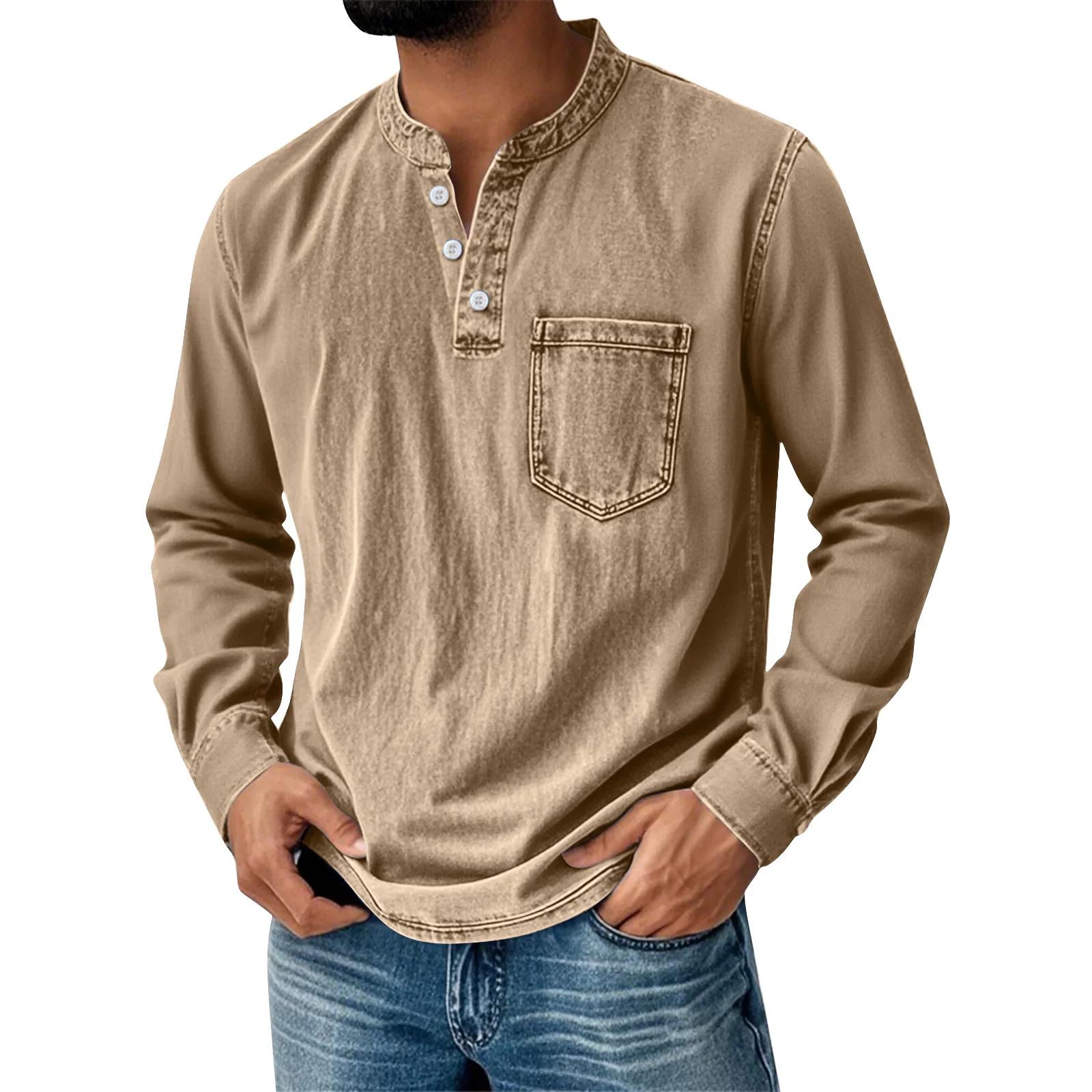 FX Men Heren Henley T-shirt met lange mouwen Vintage Gewassen Denim Casual Top Knoopsluiting Ronde Hals Losse Pasvorm Dagelijkse Streetwear voor Mannen M kaki
