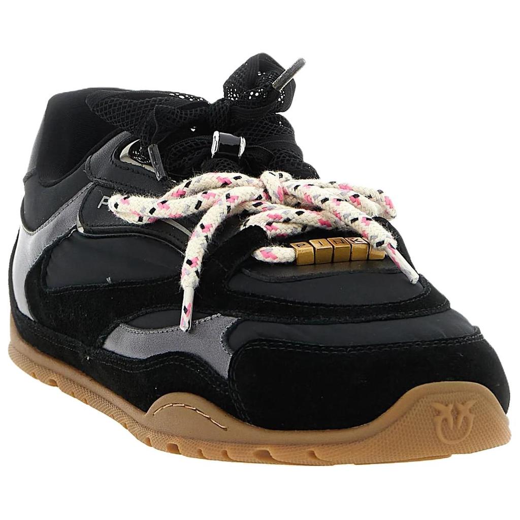PINKO Yulia 01 Calfskin Logo Detail Embellished With Shiny Gems Flat Lace-Up Low-Top Casual Shoes Women sneaker Black SS0185P076Z99