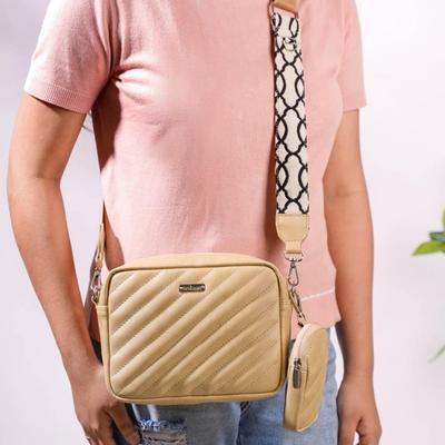Stylish Handmade Vegan Leather Sling Bag for Women with Coin Pouch | Zip Closure & 1 Inner Pocket | Adjustable & Detachable Straps | Beige