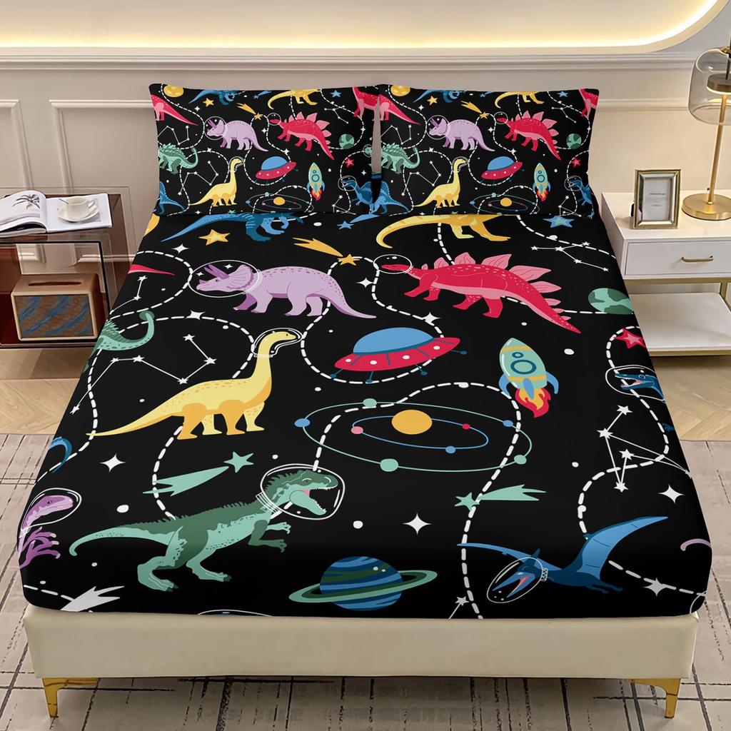 Dinosaur Fitted Sheet Set Double Size For Kids Boys Teen Dino Bedding Set Decorative Bedspread Cover Deep Pocket With Pillowcase