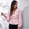 BITCED 19 Floral Checkered Chain Floral Checkerboard Printed Long Sleeve Chiffon Shirt for Women Spring and Autumn