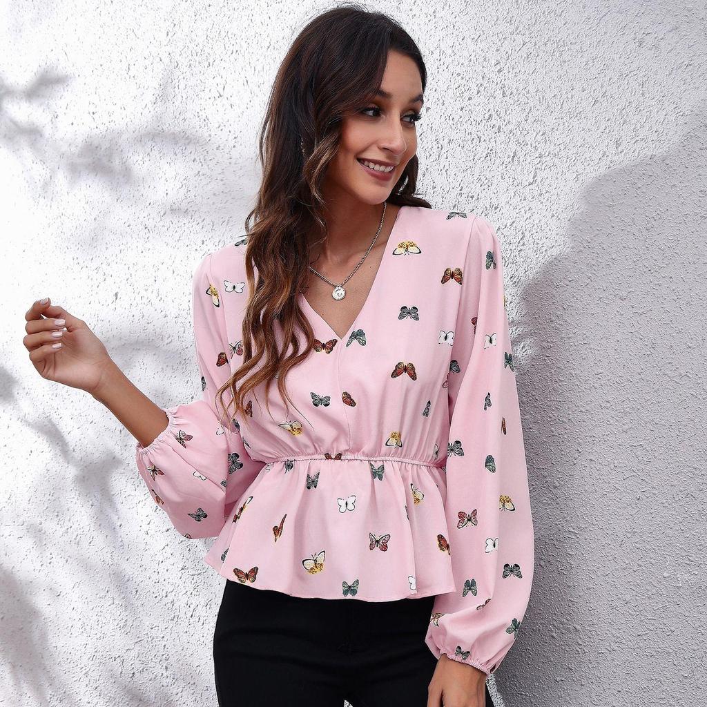 BITCED 19 Floral Checkered Chain Floral Checkerboard Printed Long Sleeve Chiffon Shirt for Women Spring and Autumn